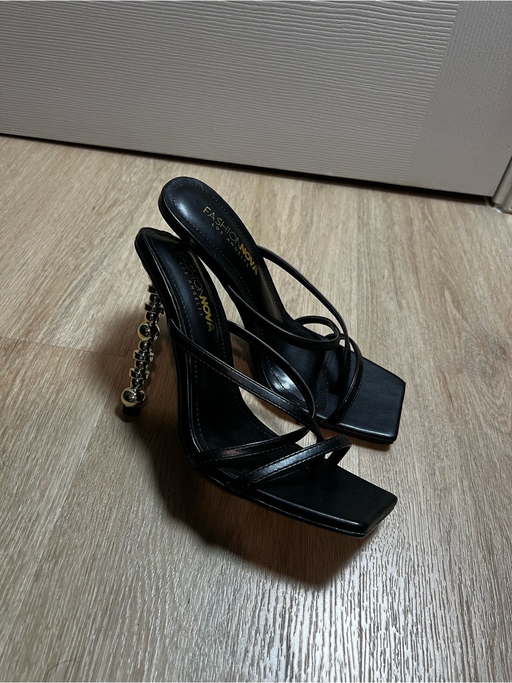 Fashion Nova Black Strappy Heeled Sandals with Embellished Gold Bead Heel